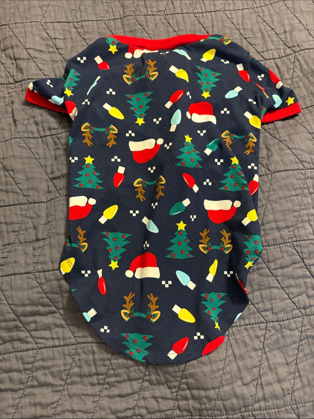 Holiday Time Navy Dog Tee with Red Trim and Multicolor Holiday Motifs